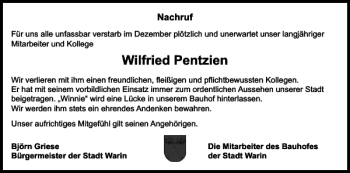 Traueranzeige von Wilfried Pentzien von Anzeiger für Sternberg - Brüel - Warin