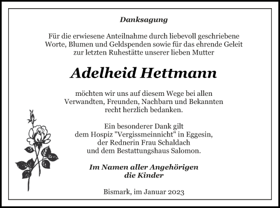 Traueranzeige von Adelheid Hettmann von Pasewalker Zeitung