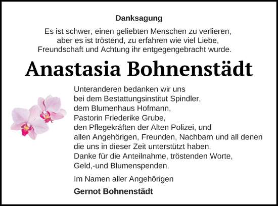 Traueranzeige von Anastasia Bohnenstädt von Mecklenburger Schweiz