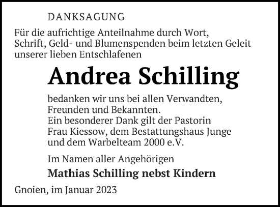 Traueranzeige von Andrea Schilling von Mecklenburger Schweiz