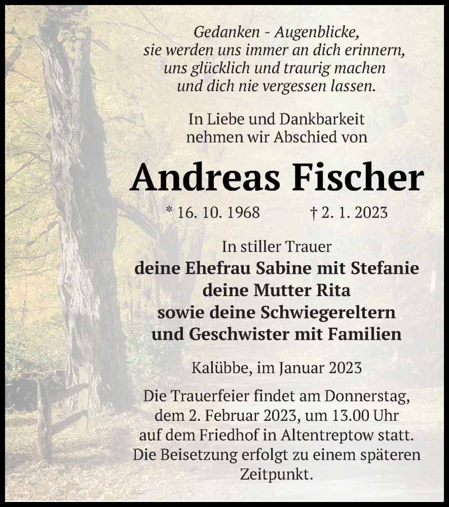  Traueranzeige für Andreas Fischer vom 10.01.2023 aus Neubrandenburger Zeitung