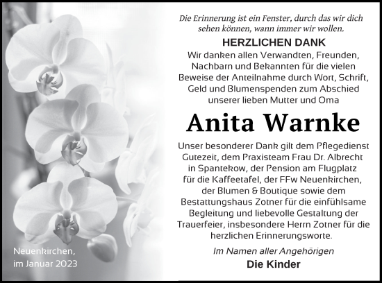 Traueranzeige von Anita Warnke von Vorpommern Kurier