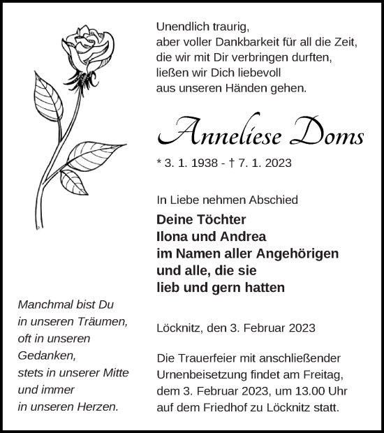 Traueranzeige von Anneliese Doms von Pasewalker Zeitung