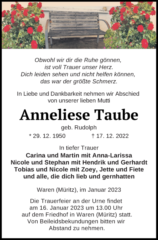 Traueranzeige von Anneliese Taube von Müritz-Zeitung