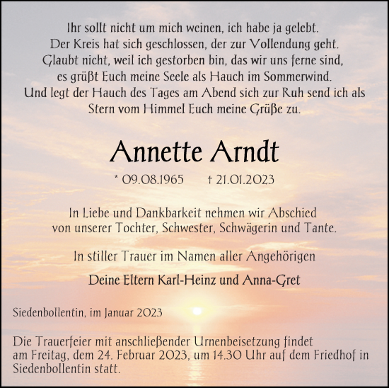 Traueranzeige von Annette Arndt von Neubrandenburger Zeitung