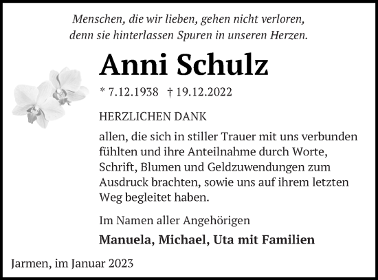 Traueranzeige von Anni Schulz von Vorpommern Kurier