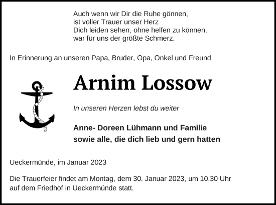 Traueranzeige von Arnim Lossow von Pasewalker Zeitung