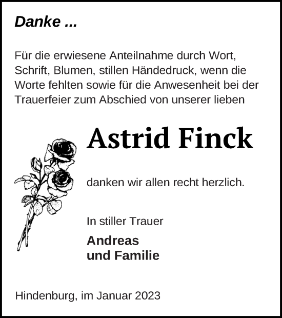 Traueranzeige von Astrid Finck von Templiner Zeitung