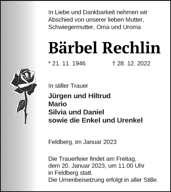 Traueranzeige von Bärbel Rechlin von Strelitzer Zeitung