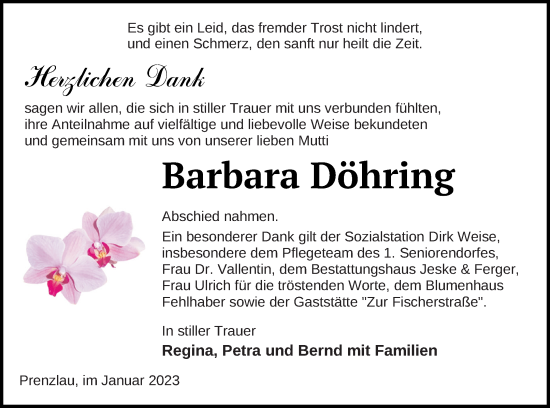 Traueranzeige von Barbara Döhring von Prenzlauer Zeitung