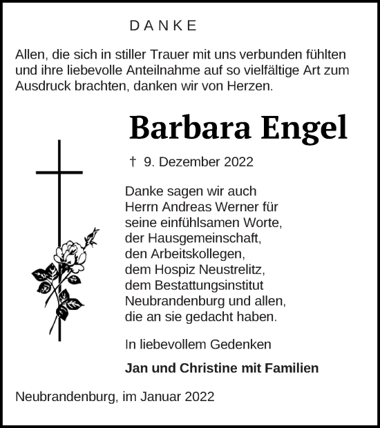 Traueranzeige von Barbara Engel von Neubrandenburger Zeitung