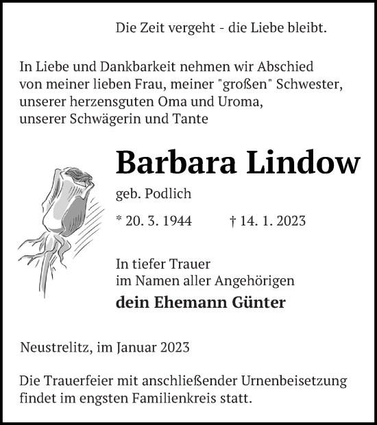 Traueranzeige von Barbara Lindow von Strelitzer Zeitung