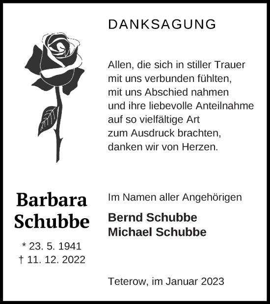 Traueranzeige von Barbara Schubbe von Mecklenburger Schweiz