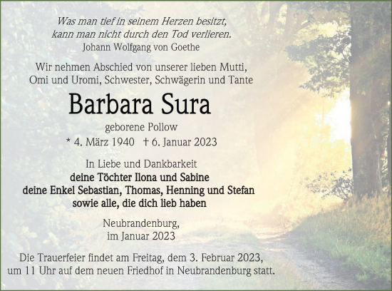 Traueranzeige von Barbara Sura von Neubrandenburger Zeitung