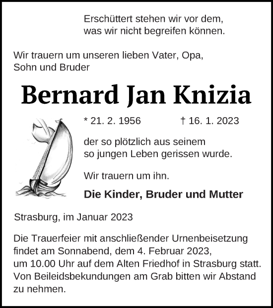 Traueranzeige von Bernard Jan Knizia von Pasewalker Zeitung