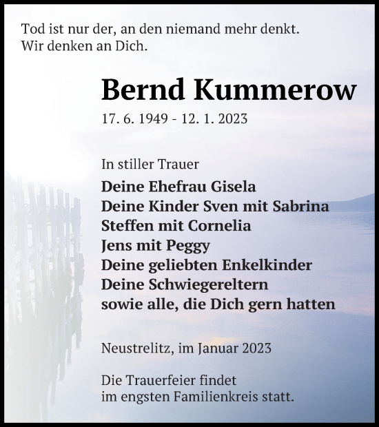 Traueranzeige von Bernd Kummerow von Strelitzer Zeitung