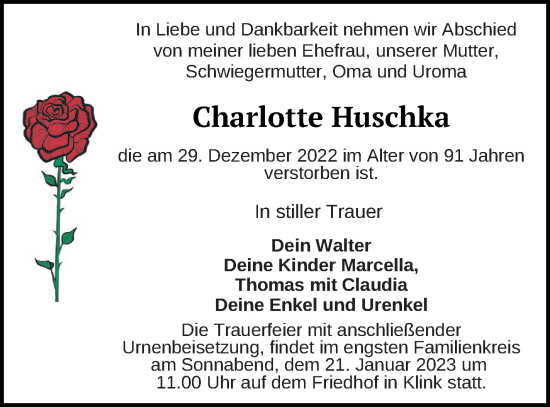 Traueranzeige von Charlotte Huschka von Müritz-Zeitung