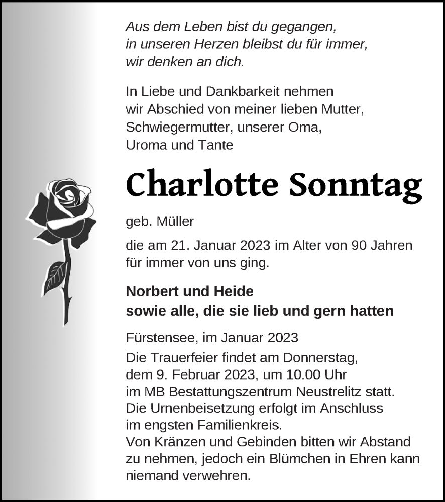  Traueranzeige für Charlotte Sonntag vom 25.01.2023 aus Strelitzer Zeitung