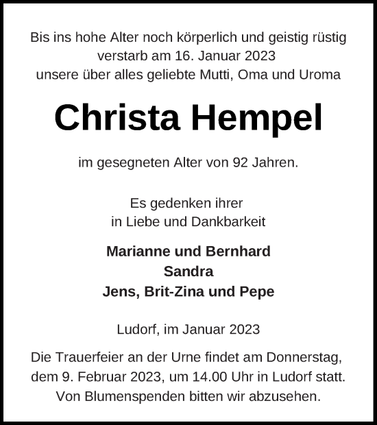 Traueranzeige von Christa Hempel von Müritz-Zeitung