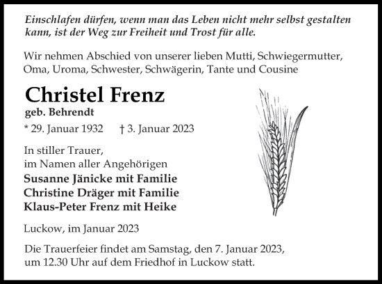 Traueranzeige von Christel Frenz von Haff-Zeitung