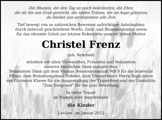 Traueranzeige von Christel Frenz von Haff-Zeitung