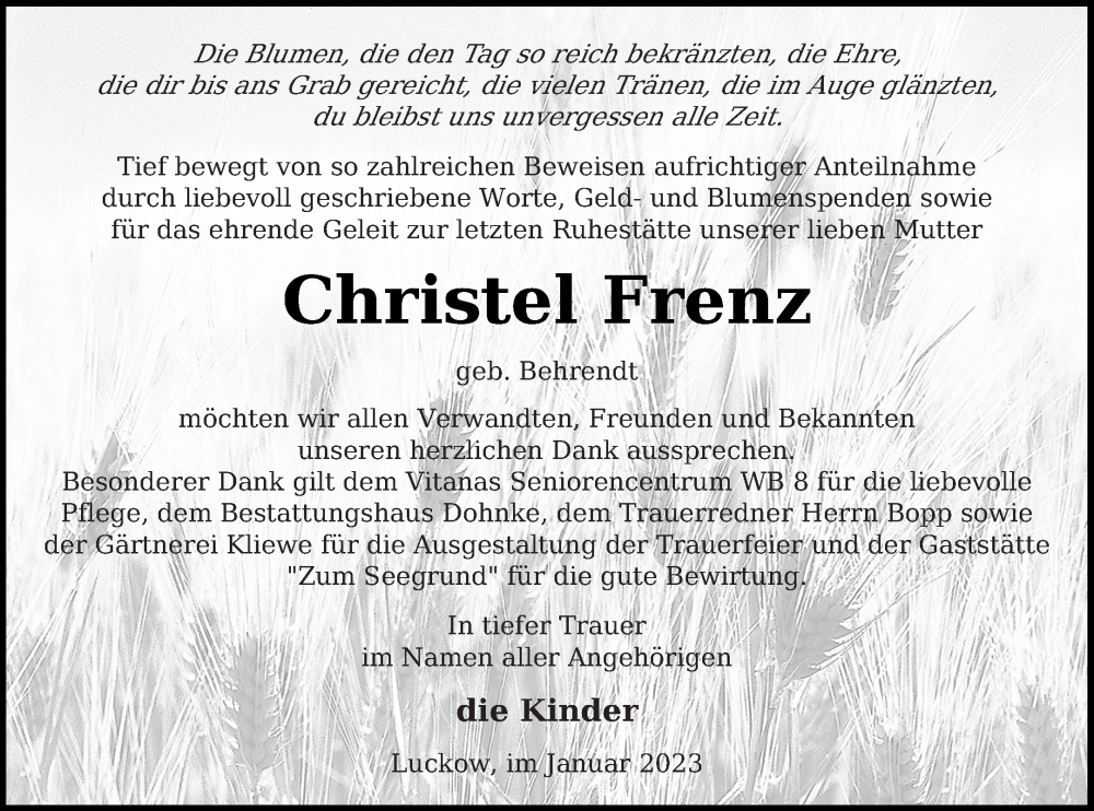  Traueranzeige für Christel Frenz vom 21.01.2023 aus Haff-Zeitung