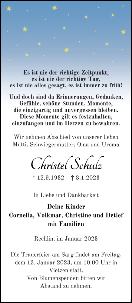 Traueranzeige von Christel Schulz von Müritz-Zeitung