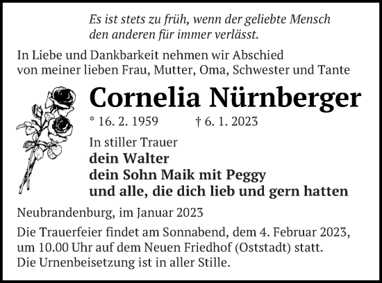 Traueranzeige von Cornelia Nürnberger von Neubrandenburger Zeitung