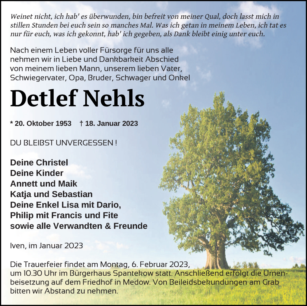  Traueranzeige für Detlef Nehls vom 21.01.2023 aus Vorpommern Kurier