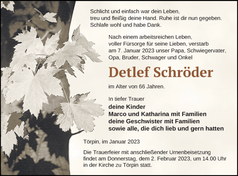  Traueranzeige für Detlef Schröder vom 14.01.2023 aus Demminer Zeitung