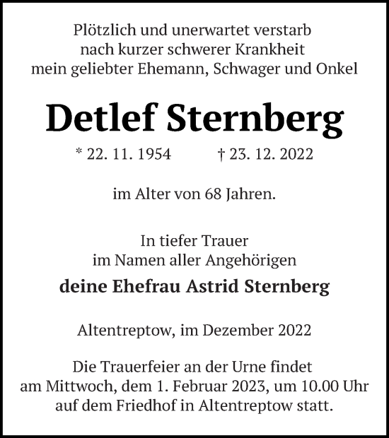 Traueranzeige von Detlef Sternberg von Neubrandenburger Zeitung