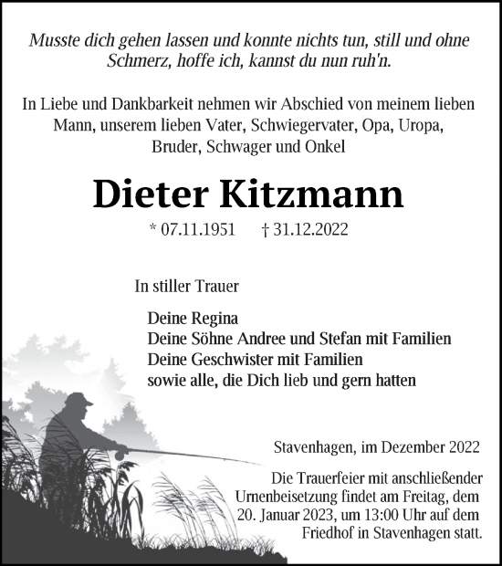 Traueranzeige von Dieter Kitzmann von Mecklenburger Schweiz