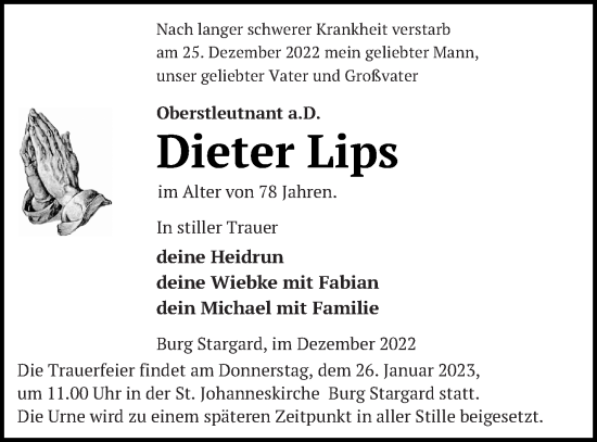 Traueranzeige von Dieter Lips von Neubrandenburger Zeitung