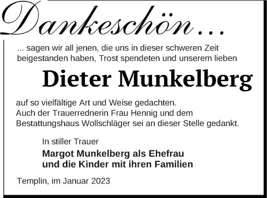 Traueranzeige von Dieter Munkelberg von Templiner Zeitung