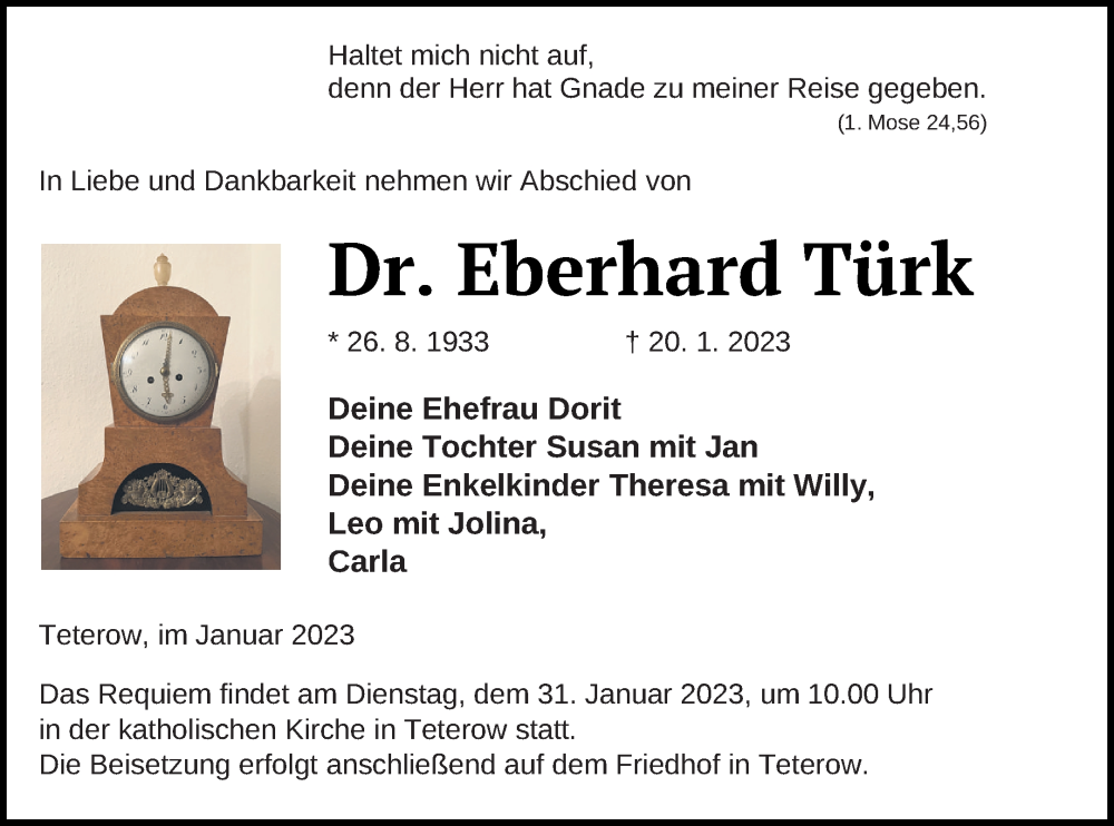  Traueranzeige für Eberhard Türk vom 25.01.2023 aus Mecklenburger Schweiz