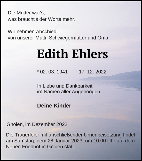 Traueranzeige von Edith Ehlers von Mecklenburger Schweiz