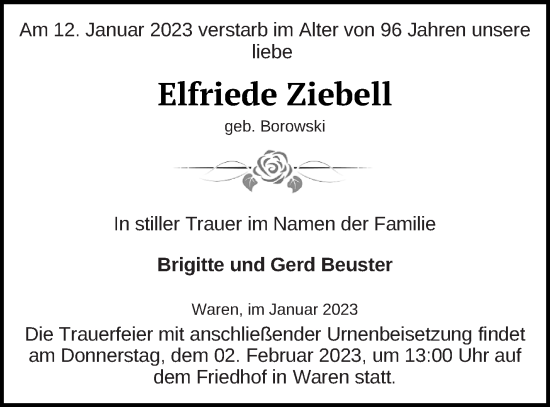 Traueranzeige von Elfriede Ziebell von Müritz-Zeitung