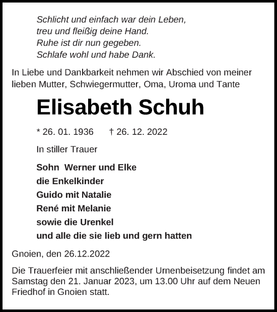 Traueranzeige von Elisabeth Schuh von Mecklenburger Schweiz