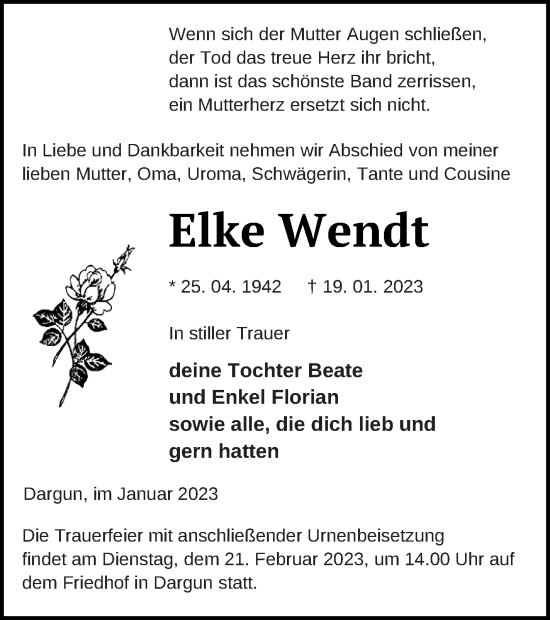 Traueranzeige von Elke Wendt von Mecklenburger Schweiz