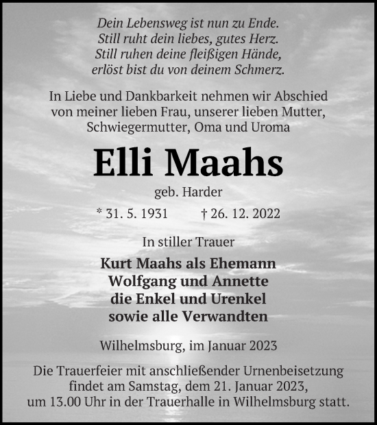 Traueranzeige von Elli Maahs von Haff-Zeitung