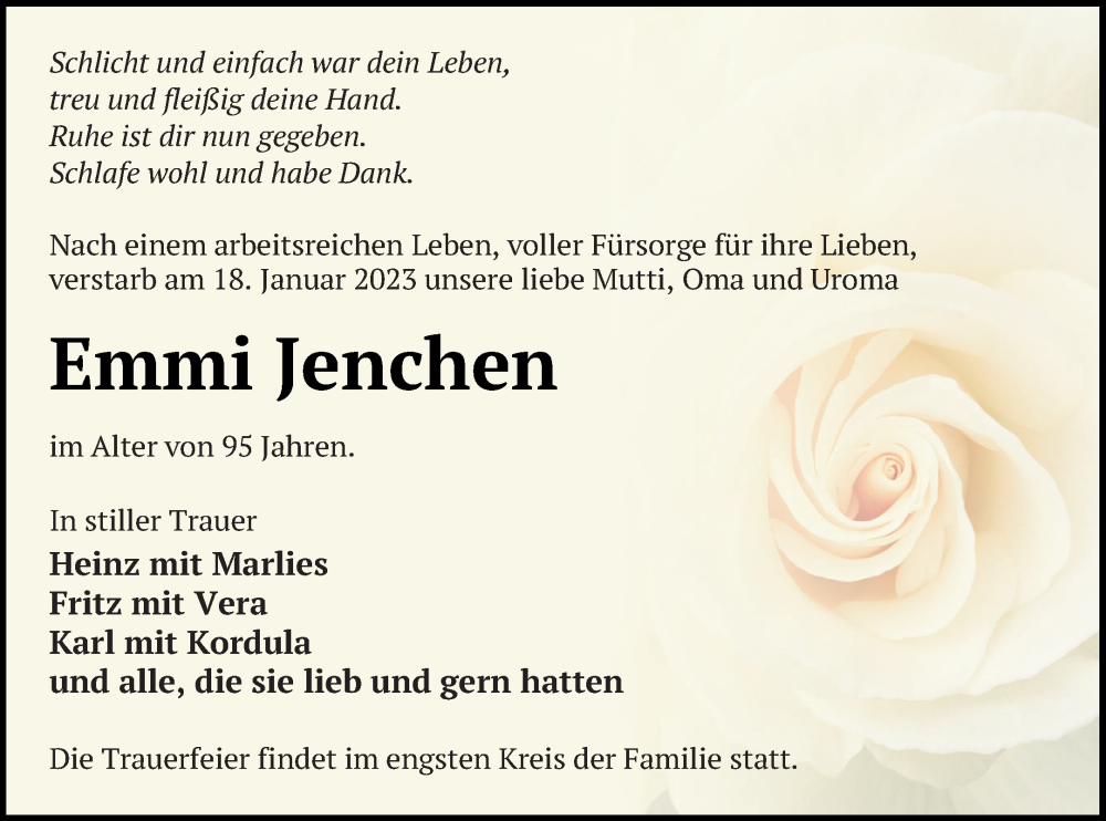  Traueranzeige für Emmi Jenchen vom 24.01.2023 aus Haff-Zeitung