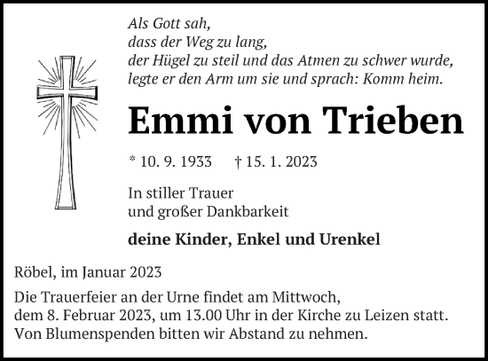 Traueranzeige von Emmi von Trieben von Müritz-Zeitung