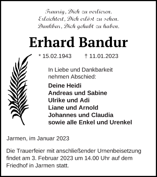 Traueranzeige von Erhard Bandur von Vorpommern Kurier