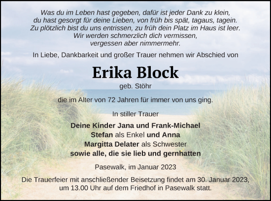 Traueranzeige von Erika Block von Pasewalker Zeitung