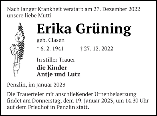 Traueranzeige von Erika Grüning von Müritz-Zeitung