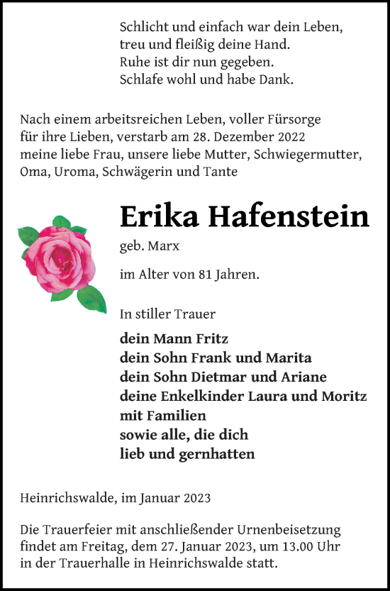 Traueranzeige von Erika Hafenstein von Haff-Zeitung