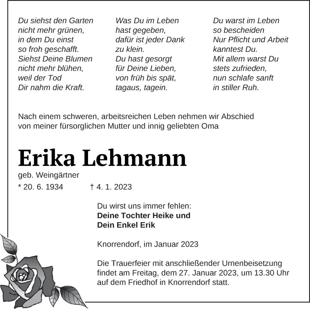  Traueranzeige für Erika Lehmann vom 21.01.2023 aus Neubrandenburger Zeitung