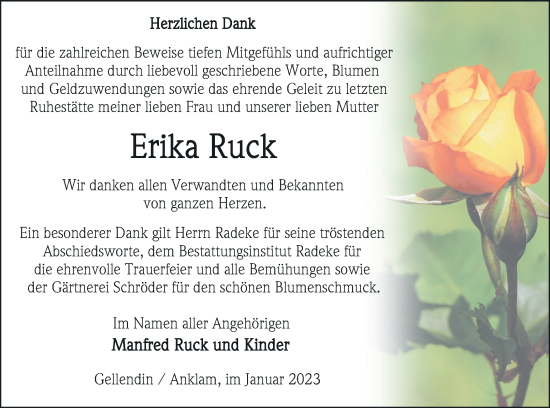 Traueranzeige von Erika Ruck von Vorpommern Kurier