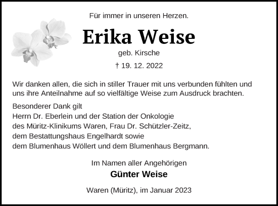 Traueranzeige von Erika Weise von Müritz-Zeitung