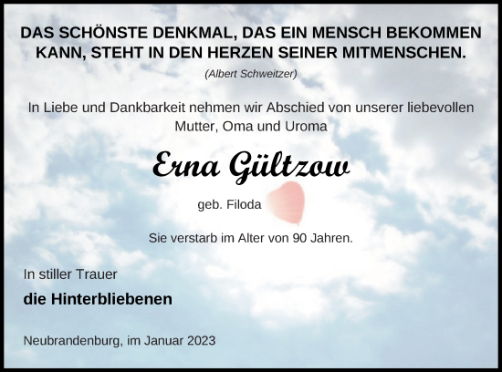 Traueranzeige von Erna Gültzow von Neubrandenburger Zeitung